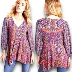 Anthropologie Maeve Mariella top tunic blouse shirt size XS boho hippie pink red